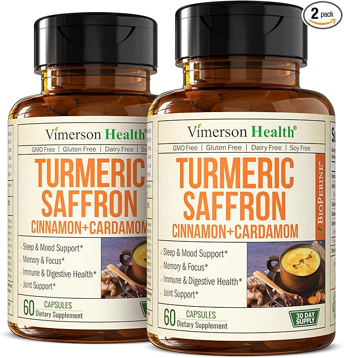 Saffron Supplements - 89mg Saffron Extract Turmeric Supplement with Black Pepper, Ceylon Cinnamon and Cardamom for Mood & Memory, Eye Health - Joint Supplements for Women & Men - 120 Capsules - 2 Pack