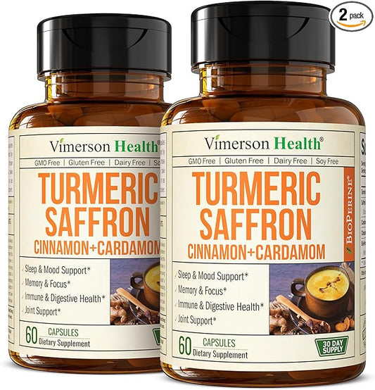 Saffron Supplements - 89mg Saffron Extract Turmeric Supplement with Black Pepper, Ceylon Cinnamon and Cardamom for Mood & Memory, Eye Health - Joint Supplements for Women & Men - 120 Capsules - 2 Pack