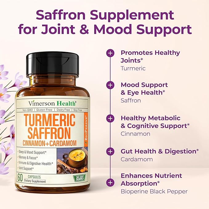 Saffron Supplements - 89mg Saffron Extract Turmeric Supplement with Black Pepper, Ceylon Cinnamon and Cardamom for Mood & Memory, Eye Health - Joint Supplements for Women & Men - 60 Tumeric Capsules