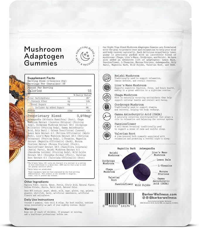 Barker Wellness Daytime & Nighttime Mushroom Gummies Bundle - Sugar-Free, Vegan with Reishi, Lion's Mane, Cordyceps - Focus, Energy, Relaxation & Sleep Support - 120 Count