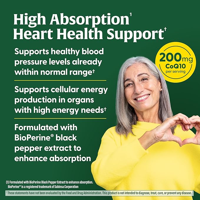 MegaFood High Absorption CoQ10 200mg Per Serving - with BioPerine Black Pepper Extract - Antioxidant Support for Cellular Energy & Healthy Aging - 60 Heart Health Supplements Capsules, 60 Servings