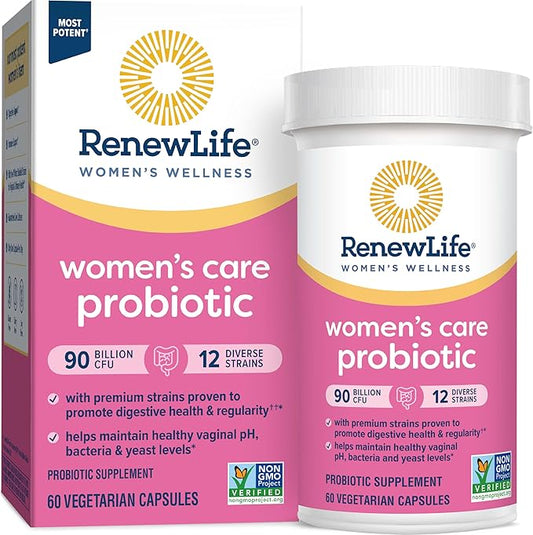 Renew Life Women's Probiotic Capsules, Supports pH Balance for Women, Vaginal, Urinary, Digestive and Immune Health, L. Rhamnosus GG, Dairy, Soy and Gluten-Free, 90 Billion CFU - 60 Ct