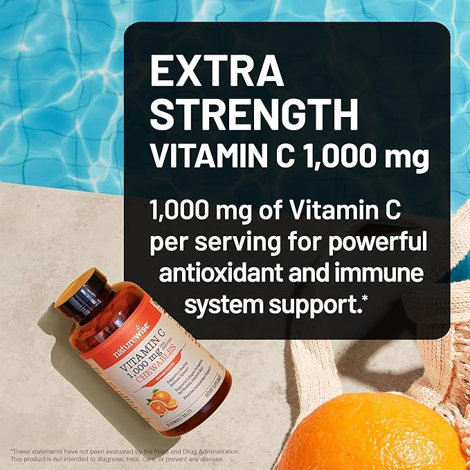 NatureWise Extra Strength Vitamin C Chewable 1000mg for Adults - Natural Orange Flavor - Immune System & Antioxidant Support - Non-GMO, Vegan & Sugar Free - 90 Chewable Tablets[45-Day Supply]