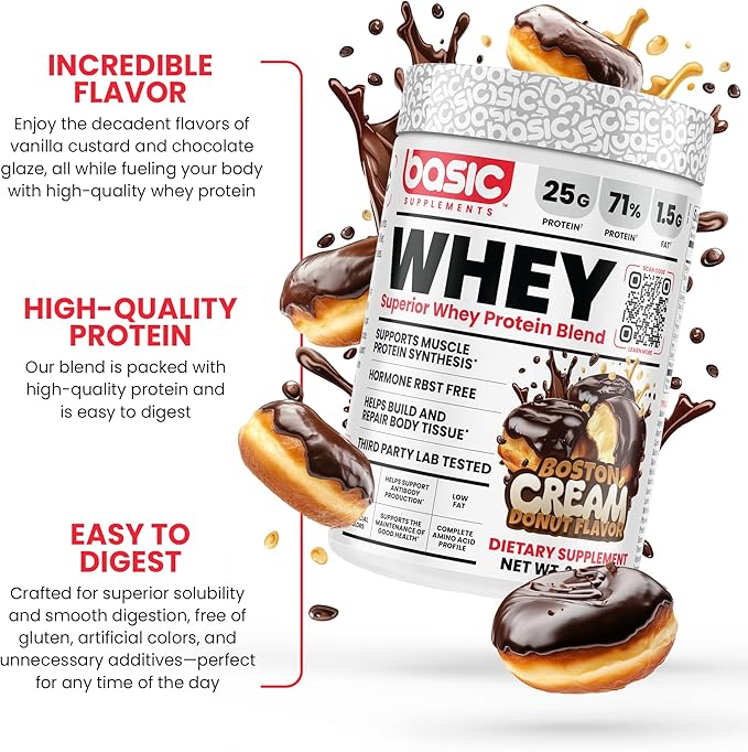 Whey Protein Powder, 25g Protein, Complete Amino Acid Profile, Gluten-Free, Low Fat, RBST-Free, Supports Muscle Recovery & Antibody Health (2 Pound, Boston Cream Donut)