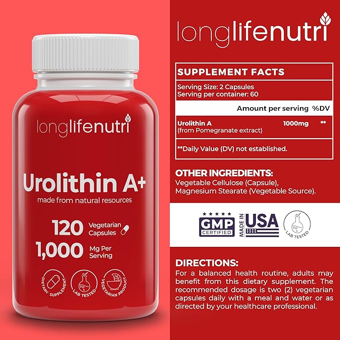 Urolithin A+ 1000mg Supplement - Advanced Formula, 120 Vegetarian Capsules, 2-Month Supply, Pomegranate Extract for Healthy Aging & Longevity, Lab Tested, Organic, Made in USA