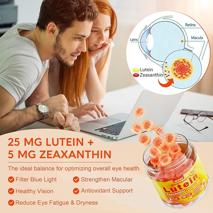 2 Pack Lutein and Zeaxanthin Supplements Gummies (25mg) Vitamins A, C, E, Bilberry, Astaxanthin - Coconut Oil for Better Absorption - for Adults & Teens Vision, Eye, Brain, Skin - Vegan, Sugar Free