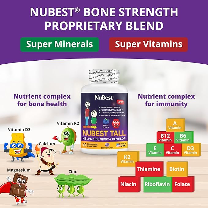 NuBest Tall Kids - Toddlers Vitamins and Kids Vitamins for Age 2 to 9 - Support Bone Strength, Overall Health and Immunity - Animal Shapes - 90 Chewable Berry Tablets | 6 Weeks Supply