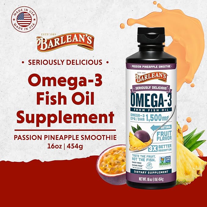 Barlean's Passion Pineapple High Potency Omega 3 Fish Oil Liquid Supplement, 1500mg EPA & DHA Fatty Acid, Smoothie Flavored & Burpless for Brain, Joint, & Heart Health, 16 oz