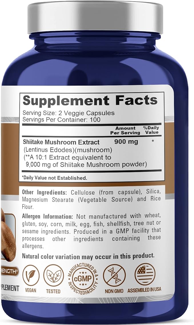 NusaPure Shiitake Mushroom 10:1 Extract, 900 mg Equivalent to 9000mg 200 Veggie Capsules (Non-GMO, Vegan)