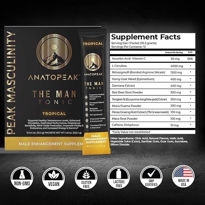 Male Enhancing Supplement Powder – Testosterone Supplement for Men with Tongkat Ali, Maca Root, Horny Goat Weed Powder, Beet Root & L-Citrulline – Nitric Oxide Enhancer (12 Stick Packs) - Tropical
