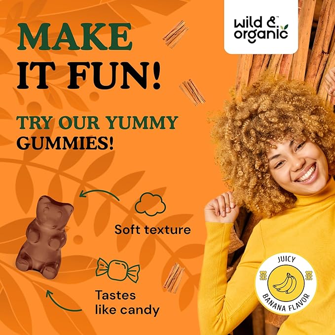 Wild & Organic Ceylon Cinnamon Gummies 1800mg - Antioxidants Support w/Cinnamon, Turmeric Root, Ginger - 60 Vegan, Non-GMO Chews