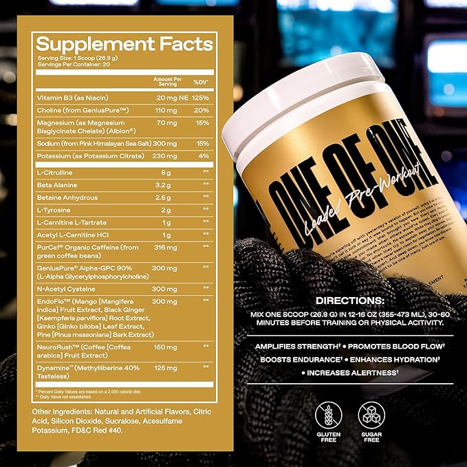ONE OF ONE Loaded Pre-Workout – High-Stim Energy, Focus & Endurance with EndoFlo™, Genius Pure™ Alpha GPC, NeuroRush™, Dynamine®, No Crash, Gluten Free – Snow Cone