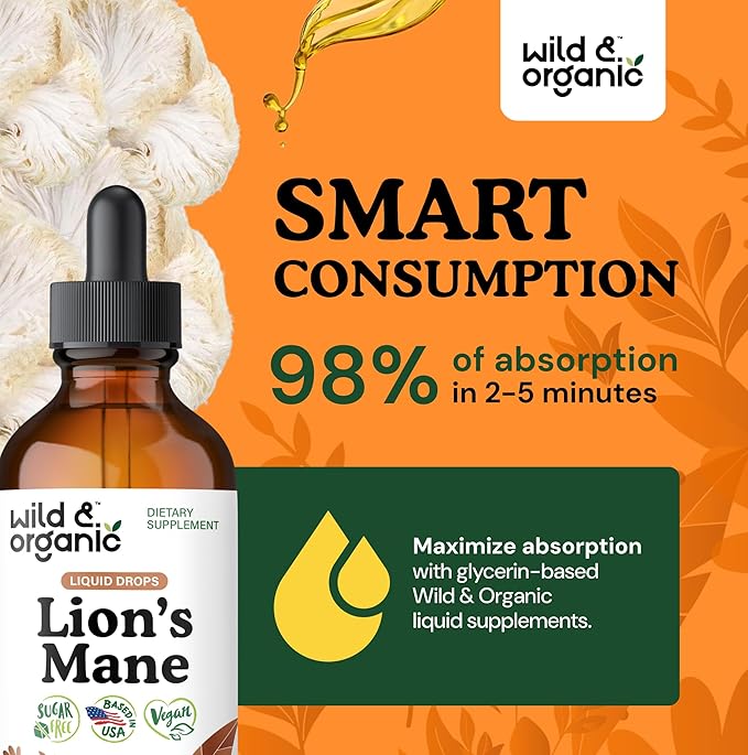 Wild & Organic Lions Mane Liquid Drops - Brain & Focus Support - Lion's Mane Mushroom Supplement - Hericium Erinaceus Mushroom Drops - Vegan, Sugar & Alcohol-Free Extract Tincture - 4 fl oz