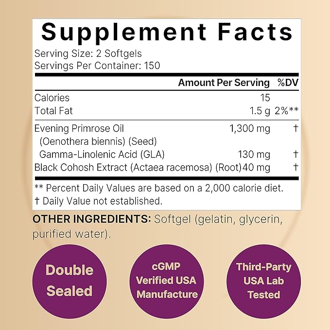 NatureBell Evening Primrose Oil with Black Cohosh, 1,300mg Per Serving, 300 Mini-Softgels | Cold Pressed Seeds, Retains 130mg GLA for Womens Health & Skin Care Support – Hexane Free, Non-GMO