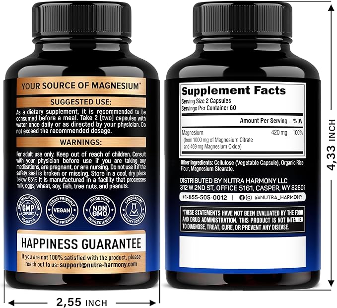 Magnesium Citrate Capsules 1000mg | High Absorption Supplement - Sleep, Muscle & Heart Support - Vegan | Non-GMO - Made in USA - As Powder | Pills | Tablets - 120 Capsules, 2 Month Supply