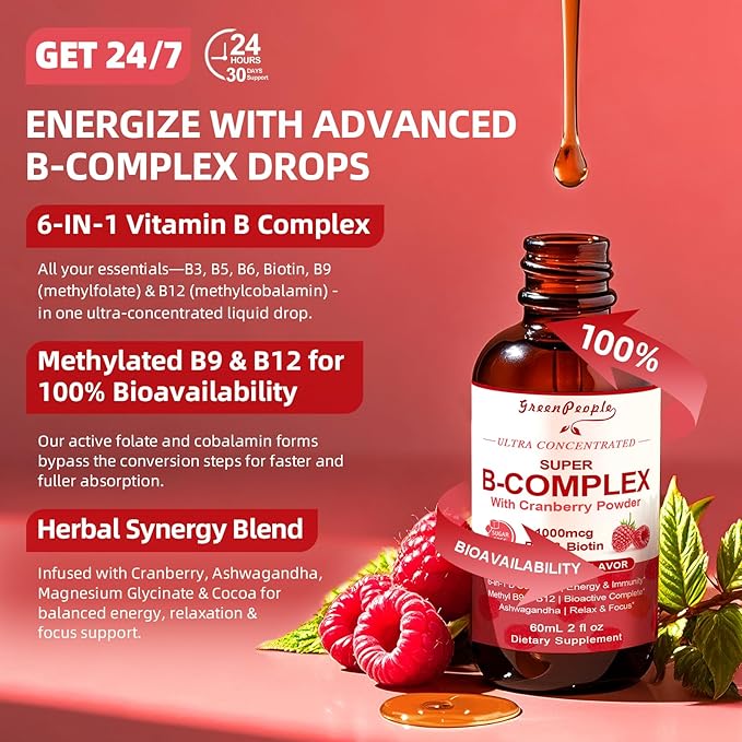 Super B-Complex Liquid Drops | B12 Methylcobalamin + Methyl Folate | B Vitamins Complex w/B3,B5,B6,B7, Ashwagandha & L-Theanine for Energy, Focus & Immunity, Vegan Raspberry 2fl Oz