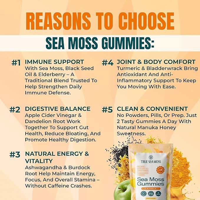 Sea Moss & Apple Cider Vinegar Gummies – 10-in-1 Herbal Blend with Black Seed Oil, Ashwagandha, Turmeric, Bladderwrack, Burdock Root & Dandelion – Vegan, USA Made, Natural Apple Flavor – 60 ct