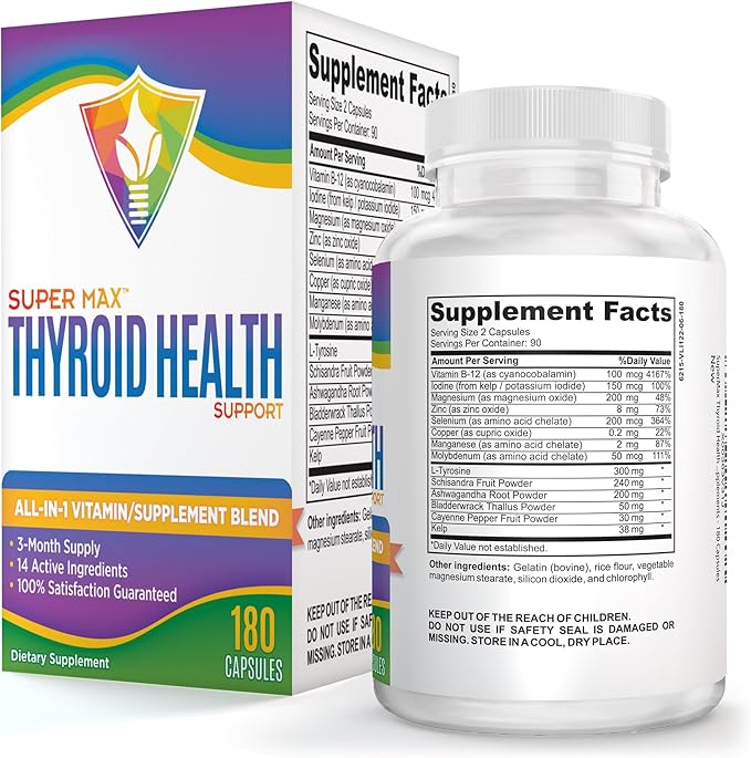 3-Month Thyroid Support Supplement (All-in-1) Formula with 14 Active Ingredients - Natural Thyroid Supplements - Thyroid Health Complex - Thyroid Support for Women & Men | 90-Day Supply | 180 Capsules
