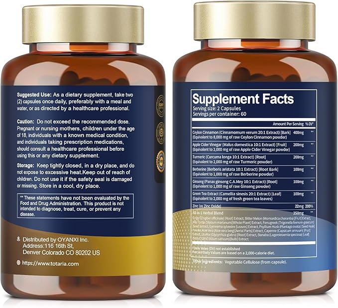 18-in-1 Organic Ceylon Cinnamon Capsules with Berberine, Ceylon Cinnamon Supplement w/Apple Cider Vinegar Turmeric Bitter Melon Milk Thistle, for Metabolism, Energy, Heart*, 120 Counts