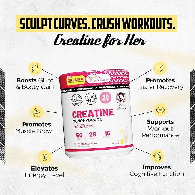 Old School Labs 5000mg Creatine Monohydrate Powder, Optimized Creatine for Women +2000mg Collagen +1g BCAA 2:1:1 Supports Lean Muscles & Recovery, Energy & Stamina - 30 Servings, Pink Lemonade