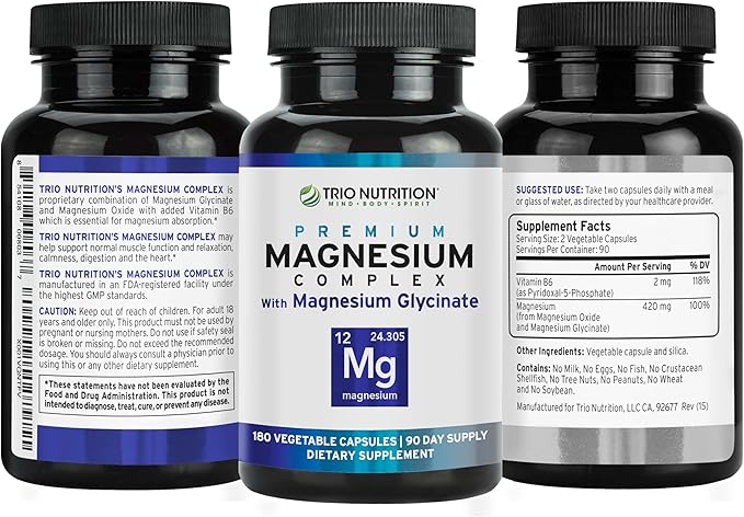 Trio Nutrition Magnesium Complex 90 Day Supply 420 mg | Natural Calm, Relax, Stress Relief, and Muscle Recovery |Magnesium Glycinate Supplement with Vitamin B6 for Rapid Absorption*