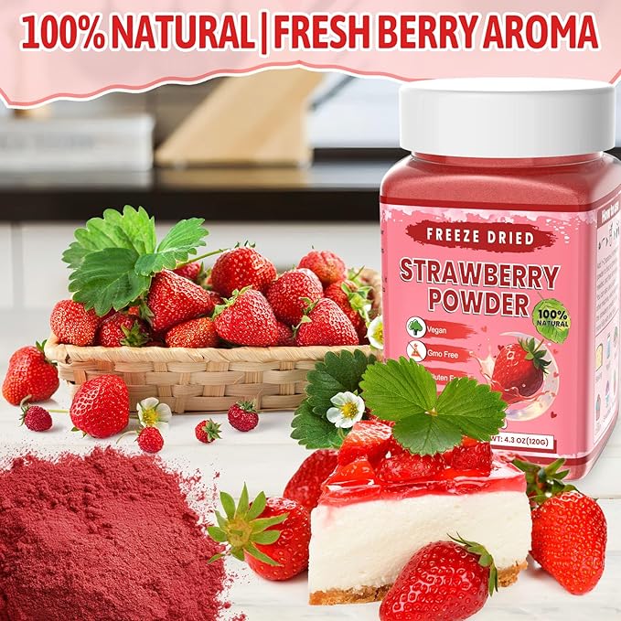 Freeze Dried Strawberry Powder - Kiigfood 4.3 oz/120g Natural Strawberry Powder Fruit Powder, Strawberries Source for Smoothie, Drinks, Baking, Cakes Decoration - Vegan, Non-GMO, Gluten-Free