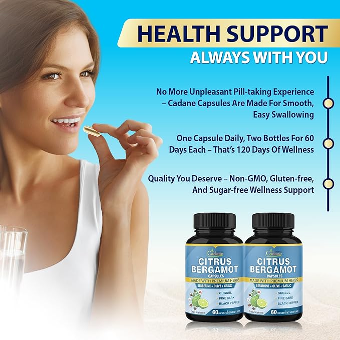 Organic Cadane 2 Packs Citrus Bergamot Extract Capsules with Berberine, Olive, Guggul, Garlic, Pine Bark, Black Pepper | 4 Months Supply