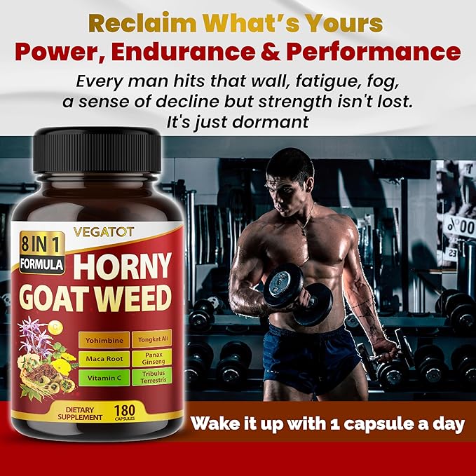 Horny Goat Weed 600 mg with Yohimbine, Tongkat Ali, Maca, Tribulus & Panax Ginseng – 8-in-1 Strength & Vitality Support – 180 Capsules – Vegatot – Gluten-Free, Lab Verified