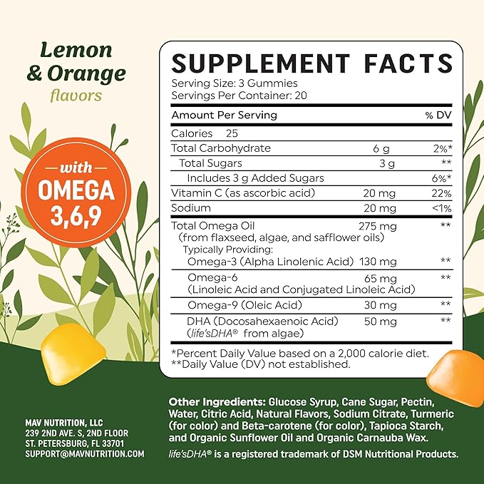 Omega 3 6 9 + DHA Gummies | Plant-Based Triple Omegas from Algae, Flaxseed & Safflower Oil | 50mg of DHA | Vegetarian, Non-GMO, Gluten-Free, Essential Fatty Acid Supplements for Adults | 60 Gummies