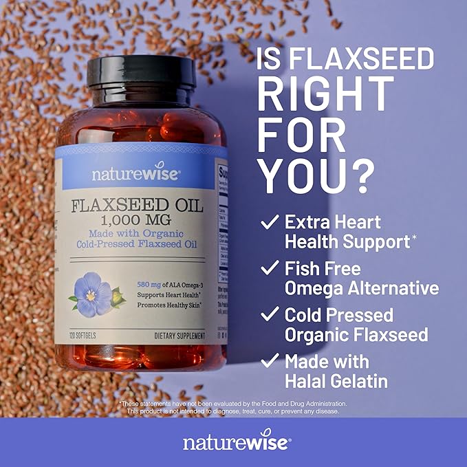 NatureWise Flaxseed Oil 1000 mg, Fish Free Omega 3 with 580 mg ALA, Dietary Supplement for Immune Health Support - Organic, Cold Pressed, Non-GMO - 120 Softgels[120-Day Supply]