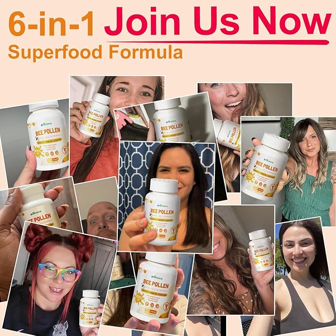 Organic 6-in-1 Bee Pollen Supplement - 2000mg Per Serving - Bee Pollen for Women & Men - Superfood for Immune & Energy Support - Non-GMO, Made in USA - 120 Capsules