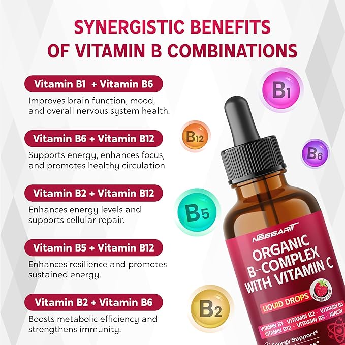 Organic B-Complex Liquid Drops with Vitamin C - B1, B2, B6, B12, B5, Niacin - Energy Support, Brain Wellness - Raspberry Flavor - Made in USA - 2.0 fl oz (60ml)