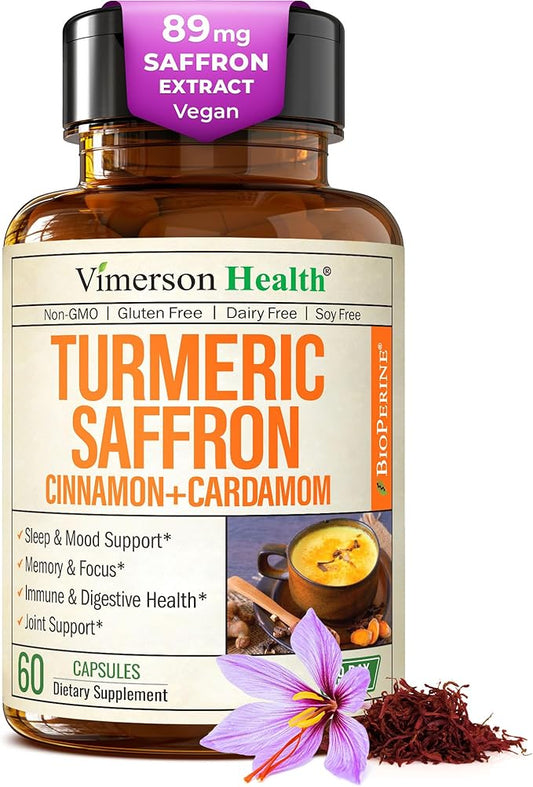Saffron Supplements - 89mg Saffron Extract Turmeric Supplement with Black Pepper, Ceylon Cinnamon and Cardamom for Mood & Memory, Eye Health - Joint Supplements for Women & Men - 60 Tumeric Capsules