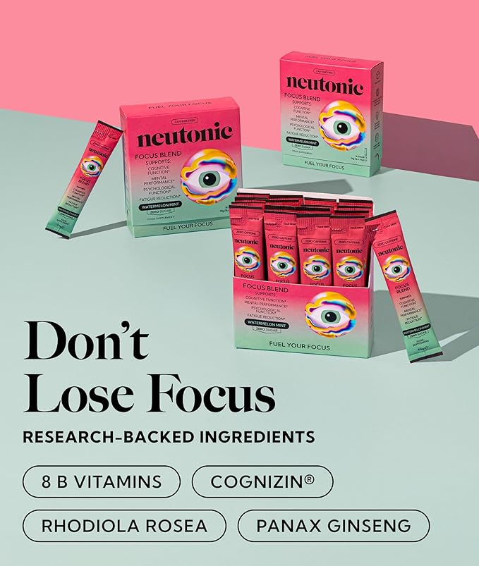 Neutonic Nootropic Focus Blend Powder | Watermelon Mint 16 Sticks | Caffeine Free, Zero Sugar | Support Memory, Mental Clarity, Cognitive Function | Boost Focus, Energy, Brain Health
