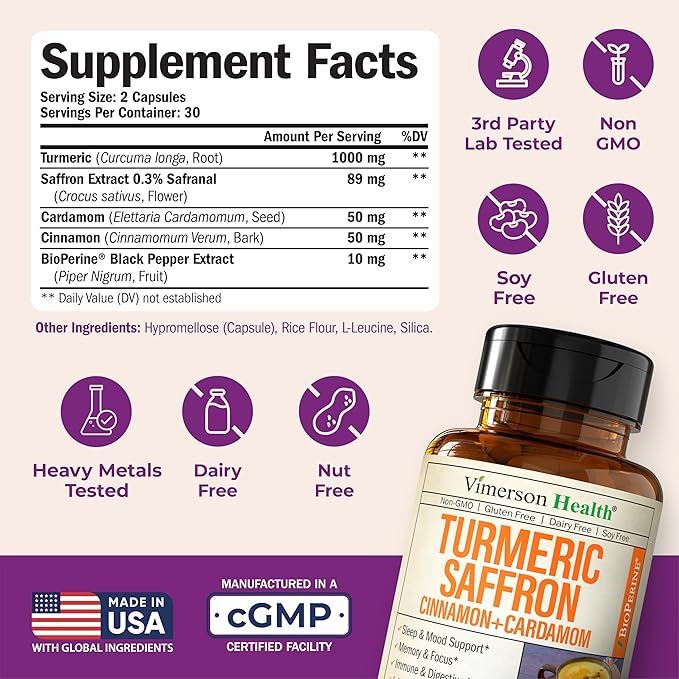 Saffron Supplements - 89mg Saffron Extract Turmeric Supplement with Black Pepper, Ceylon Cinnamon and Cardamom for Mood & Memory, Eye Health - Joint Supplements for Women & Men - 60 Tumeric Capsules