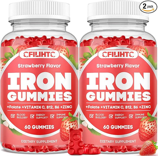 2 Pack Iron Gummies for Women & Men - Iron Supplement with Vitamin B6, B12, C, Zinc, Folate for Adults & Kids - Support Iron Deficiency, Anemia, Energy Boost, Blood Builder - Sugar Free Strawberry