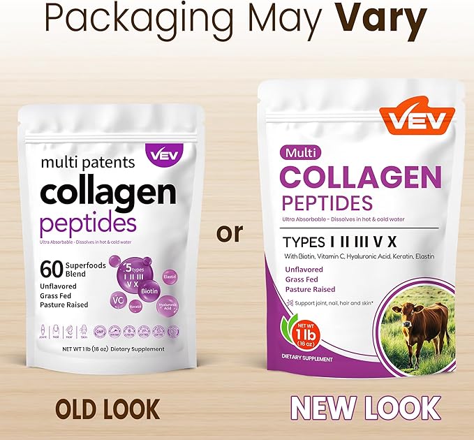 VEV Multi Collagen Peptides Powder, 16 oz (41 Servings) – Type I, II, III, V, X, Hydrolyzed Collagen, Hyaluronic Acid Power, Biotin, Vitamin C, Supports Skin, Unflavored, Dissolves Easily