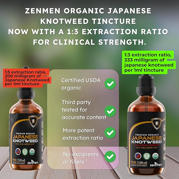 Japanese Knotweed Premium Resveratrol USDA Organic 3rd Party Tested Tincture 120ml/4oz - 1:3 Clinical Strength Ratio - Tick Wellness Aid and Immune Support Supplement - Made in The USA