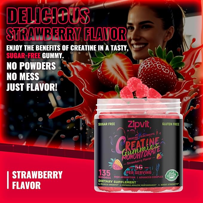 Zipvit Creatine Monohydrate Gummies (5g) – Pre-Workout Energy & Muscle Growth Support for Men & Women | Strawberry Electrolyte Gummies (135 Count)