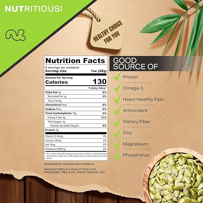 NUT CRAVINGS - Raw Pumpkin Seeds Pepitas, Unsalted, Shelled, (8oz - 1 Pack) Bulk Nuts Packed Fresh in Resealable Bag - Kosher Healthy Snack, Food Assortments Ideal for Trail Mixed Nuts