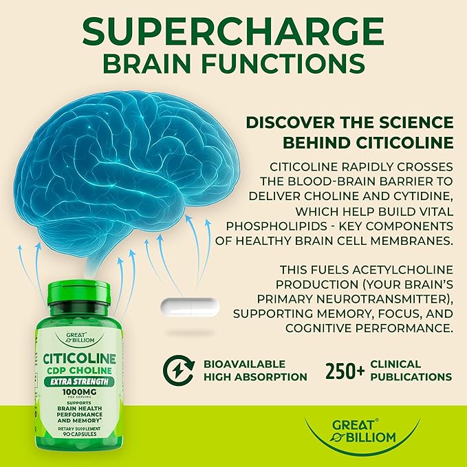 Citicoline CDP Choline 1000mg - Extra Strength Brain Supplements for Memory and Focus, Choline Supplements - Non-GMO Nootropic with Acetylcholine Support - 90 Vegetarian Capsules