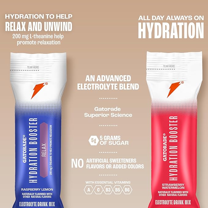 Gatorade Hydration Booster Electrolyte Drink Mix Powder Packets, Relax and Unwind, Raspberry Lemon, Makes 20 Fl Oz (6 Pack)