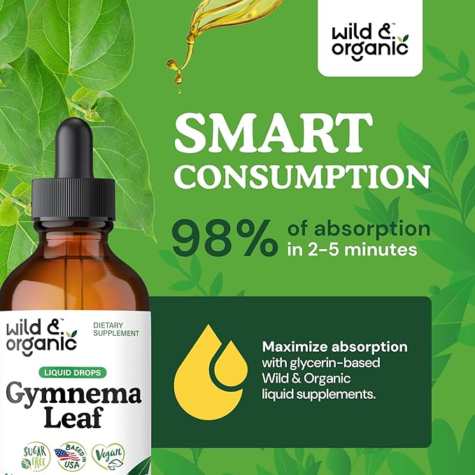 Wild & Organic Gymnema Sylvestre Extract Drops - Sugar-Free Gymnema Sylvestre Supplements - Gurmar Powder Based Tincture - Vegan, Alcohol-Free Leaf Liquid Drops - 4 fl oz