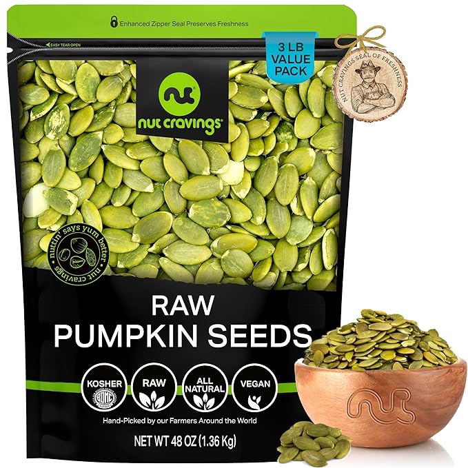 NUT CRAVINGS - Raw Pumpkin Seeds Pepitas, Unsalted, Shelled, (48oz - 3 LB) Bulk Nuts Packed Fresh in Resealable Bag - Kosher Healthy Snack, Food Assortments Ideal for Trail Mixed Nuts