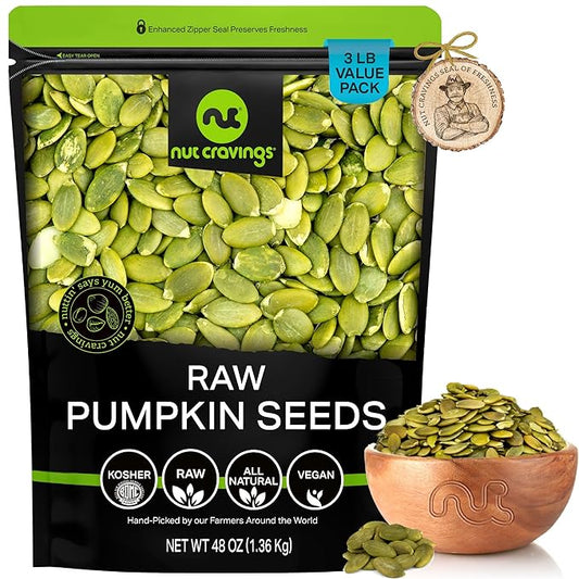 NUT CRAVINGS - Raw Pumpkin Seeds Pepitas, Unsalted, Shelled, (48oz - 3 LB) Bulk Nuts Packed Fresh in Resealable Bag - Kosher Healthy Snack, Food Assortments Ideal for Trail Mixed Nuts