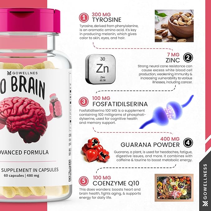 Nootropic Brain Support Supplement - Advanced Focus Supplement for Concentration, Premium Memory & Brain Booster with Vitamins, Coenzyme Q10, Phosphatyldyserine, Guarana, Zinc, Tyrosine, Amino Acids