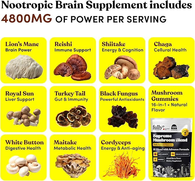 16 Blend Mushroom Gummies - Mushroom Gummies for Adults, Mushroom Supplement with Chaga, Lions Mane, Reishi, Cordyceps for Focus & Clarity, Supports Microdosing Mushrooms - Mixed Berry