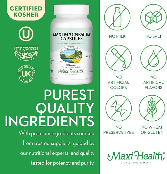Maxi Health Magnesium Capsules - Energy Production - Muscle & Nerve Health - Bone Support - Magnesium Supplement from Magnesium Oxide, Magnesium Glycinate Chelate and Magnesium Citrate - 90 Count by Maxi Health