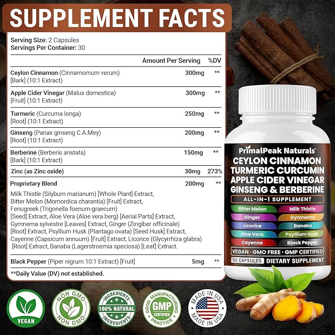Ceylon Cinnamon Apple Cider Vinegar Turmeric Curcumin Panax Ginseng Berberine with Bitter Melon Banaba Milk Thistle Gymnema Sylvestre Vegan Capsules - 180 Count