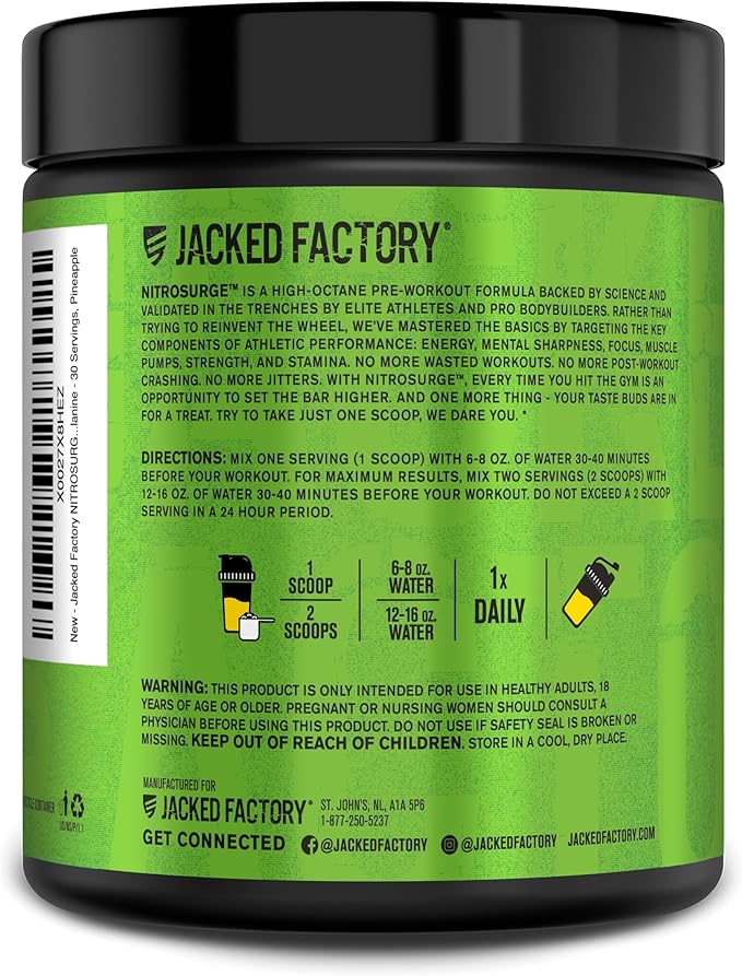 Jacked Factory NITROSURGE Pre Workout Supplement - Endless Energy, Instant Strength Gains, Clear Focus, Intense Pumps - NO Booster & Powerful Preworkout Energy Powder - 30 Servings, Pineapple